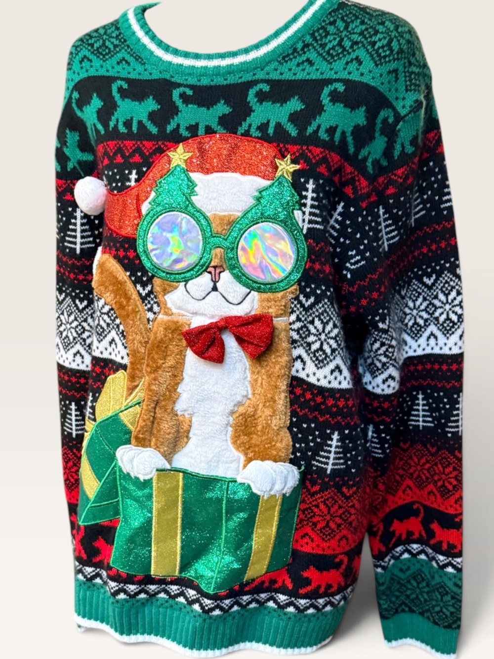 Men’s Size Large Green & Red Novelty Cat Christmas Sweater Drink Pocket Pouch